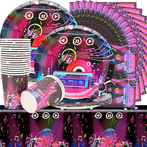 Huaxintoys Musikinstrumente Geburtstag Geschirr Set, Musik Geburtstag Deko Set mit 20 Dessert-Tellern, 20 Bechern und 1 Tischdecke für Musik Disco Themenpartys von Huaxintoys