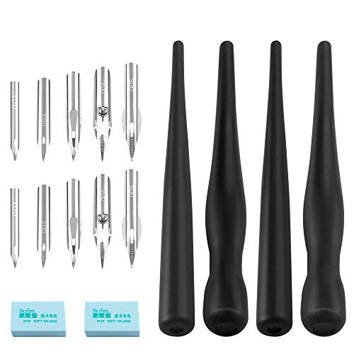 Huayue 2 Set Schwarz Federhalter und Halter Set, Comic Manga Kalligraphie Cartoon Stifte Dip Pen Set Zeichnung Malerei Kit-Tool mit 4 Stifthaltern 8 Schreibfedern 2 Radiergummi für Karikaturisten von Huayue