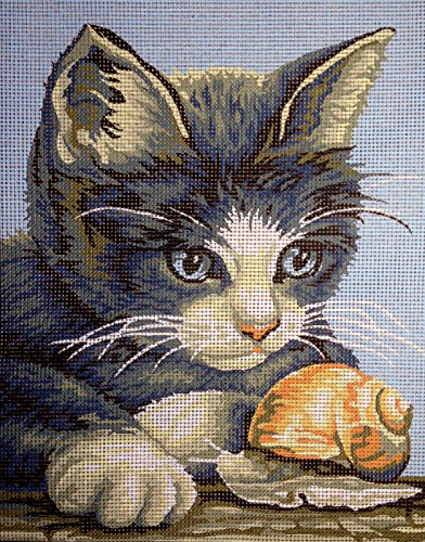 Hudemas Gobelin Stickbild Stickpackung Katze mit Schnecke halber Kreuzstich 20x25cm. inkl. Sticktwist cod.431 von Hudemas