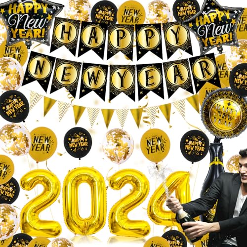 Silvesterdekorationen, Party-Ballon-Dekorationssets, Schwarzgoldene Partydekorationen, Hintergrund, Banner, Ballon für 2024, Neujahrsdekorationen für Heimdekorationen Hudhowks von Hudhowks