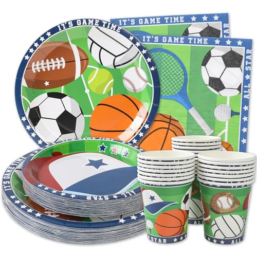 Partydekorationen mit Sportmotiven (serviert 24) Speiseteller, Dessertteller, Tassen, Servietten, Sport-Babyparty- und Geburtstagsdekorationen für Kinder, Jungen, Mädchen und mehr von Hudson Party Supplies