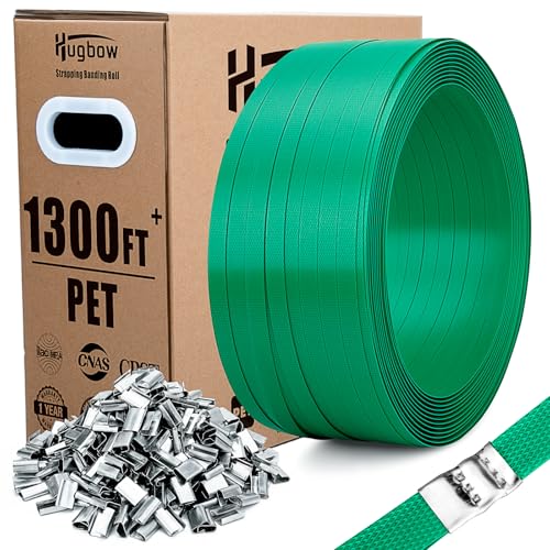 Hugbow Strapazierfähige PET-Umreifungsrolle, 1,6 cm x 3,5 m, Verpackungsbandrolle, 680 kg Bruchfestigkeit, Polyester-Bandwickelspule mit 300 Metalldichtungen und selbstdosierender Box von Hugbow