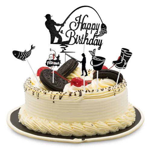 6 Stück Angler Cake Toppern, Happy Birthday Tortendeko mit Angelmotiven für Männer und Jungen-Geburtstagspartys, Hochwertiges Papiermaterial, für Kuchen, Cupcakes und Desserts 6 Stück Angler Cake Toppern, Happy Birthday Tortendeko mit Angelmotiven für Männer und Jungen-Geburtstagspartys, Hochwertiges Papiermaterial, für Kuchen, Cupcakes und Desserts von Hugfads