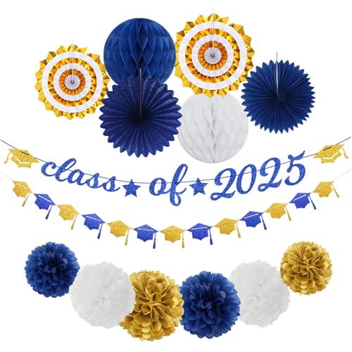 Party-Dekoration, Abschlussbanner, Marineblau, Gold-Weiß, 14-teiliges Set, Kappen-Girlande, Luftschlangen, königliche Papiertücher, Pompons, Blumen, Waben, Klasse 2025, Hochschulabschluss, Dekoration Party-Dekoration, Abschlussbanner, Marineblau, Gold-Weiß, 14-teiliges Set, Kappen-Girlande, Luftschlangen, königliche Papiertücher, Pompons, Blumen, Waben, Klasse 2025, Hochschulabschluss, Dekoration von Hugfond
