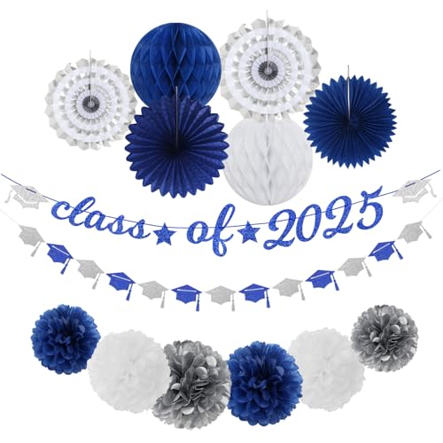 Party-Dekoration, Abschlussbanner, marineblau, weiß/silber, 14-teiliges Set, Kappen-Girlande, Luftschlangen, königliche Papiertücher, Pompons, Blumen, Waben, Klasse 2025, Hochschulabschluss, Party-Dekoration, Abschlussbanner, marineblau, weiß/silber, 14-teiliges Set, Kappen-Girlande, Luftschlangen, königliche Papiertücher, Pompons, Blumen, Waben, Klasse 2025, Hochschulabschluss, von Hugfond