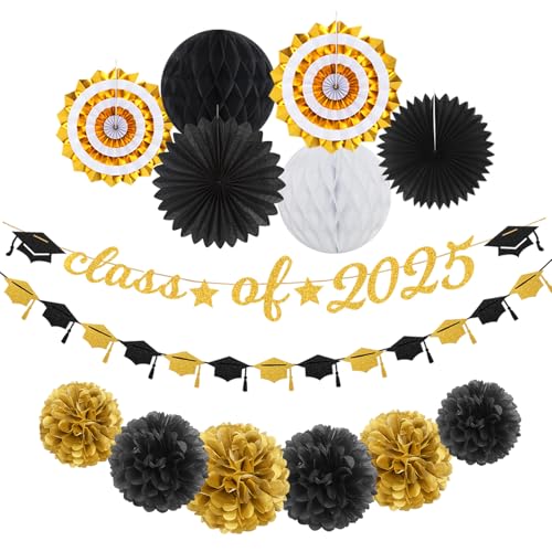Party-Dekoration, Abschlussbanner – 14-teiliges Set, Girlande, Luftschlangen, Papiertücher, Pompons, Blumen, Waben, Klasse 2025, Hochschulabschluss, Dekoration Hugfond Party-Dekoration, Abschlussbanner – 14-teiliges Set, Girlande, Luftschlangen, Papiertücher, Pompons, Blumen, Waben, Klasse 2025, Hochschulabschluss, Dekoration Hugfond von Hugfond