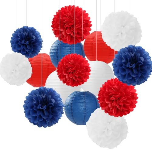 Party-Dekorationen für den 4. Juli – 15 Stück rot-weiß-blaue Papierblüten-Laternen, patriotische Abschluss-Tissue-Pompons, Luftschlangen, Unabhängigkeits-Veteranen, Hängezubehör, Dekoration Hugfond Party-Dekorationen für den 4. Juli – 15 Stück rot-weiß-blaue Papierblüten-Laternen, patriotische Abschluss-Tissue-Pompons, Luftschlangen, Unabhängigkeits-Veteranen, Hängezubehör, Dekoration Hugfond von Hugfond