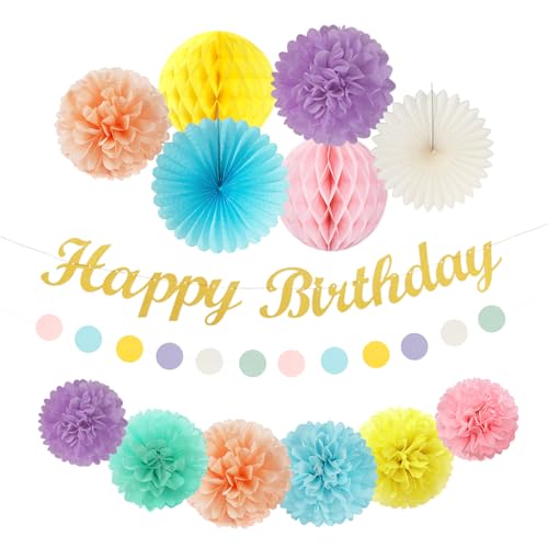 Pastell-Regenbogen-bunte Geburtstagsparty-Dekorationen, Papierblumen, 14 Stück, Happy Banner, Karneval, Thema, Laternen, Seiden-Pom-Poms, Macaron-Girlande, Fächer, Wabenmuster, Hängezubehör Pastell-Regenbogen-bunte Geburtstagsparty-Dekorationen, Papierblumen, 14 Stück, Happy Banner, Karneval, Thema, Laternen, Seiden-Pom-Poms, Macaron-Girlande, Fächer, Wabenmuster, Hängezubehör von Hugfond