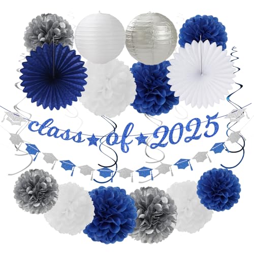 2025 Blaue Klasse, Glückwunsch, Abschlussball, Abschlussfeier, Party-Dekorationen, 22 Stück, Dekoration für High School College, Royal Navy, Weiß, Silber, Seidenpapier, Pompons, Luftschlangen 2025 Blaue Klasse, Glückwunsch, Abschlussball, Abschlussfeier, Party-Dekorationen, 22 Stück, Dekoration für High School College, Royal Navy, Weiß, Silber, Seidenpapier, Pompons, Luftschlangen von Hugmoon