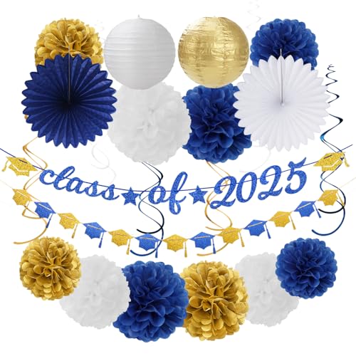 2025 Blaue Klasse - Glückwunsch Abschlussball Abschlussfeier Party Dekorationen - 22 Stück High School College Grade Supplies Dekor, Royal Navy Weißgold Seidenpapier Pom Poms Luftschlangen von Hugmoon