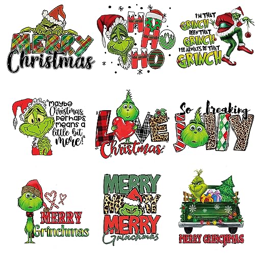 9Pcs Weihnachten Eisen auf Transfers für T-Shirt Weihnachten Eisen auf Patches Heat Transfer Design Vinyl Aufkleber Decals Grinch HTV Eisen auf Transferpapier für Kleidung T-Shirts Jacken Hoodies von Hugrey