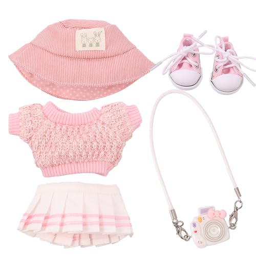 La-bu Puppenkleidung,Elastisch DIY Outfit Set,5 Stück Weiches Plüschtier Bekleidungund Zubehör,15/17 cm Große Kleidung für Labu Puppe Kleidung ,Kamera,Schuhe,Mütze(Puppen Nicht Enthalten)(Rosa) von HuhWafee