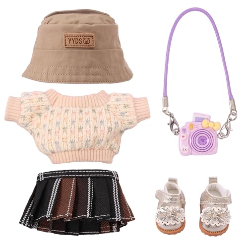 Puppenkleidung,Elastisch DIY Outfit Set,5 Stück Weiches Plüschtier Bekleidungund Zubehör,15/17 cm Große Kleidung für Puppe Kleidung ,Kamera,Schuhe,Mütze(Puppen Nicht Enthalten) ﻿ (Khaki) von HuhWafee