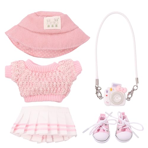 Puppenkleidung,Elastisch DIY Outfit Set,5 Stück Weiches Plüschtier Bekleidungund Zubehör,15/17 cm Große Kleidung für Puppe Kleidung ,Kamera,Schuhe,Mütze(Puppen Nicht Enthalten) ﻿ (Pink) von HuhWafee