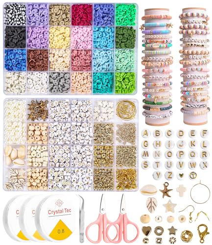 Perlen Set 9600+ Stück 6mm Polymer Clay Perlen, Schmuck Selber Machen Set, Perlen Zum Auffädeln, 2 Boxen Armbänder Selber Machen Kinder, Perlen für Armbände, für Geschenke Mädchen Weihnachten von Huifoo