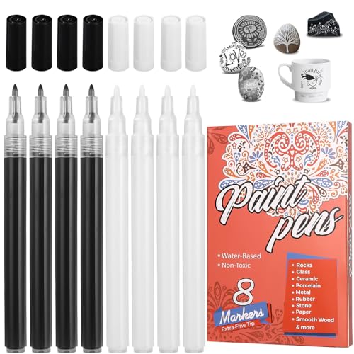 Schwarz Weiß Acrylstifte, 0,7mm Permanent Marker Stifte Wasserfest,Acrylfarben Stifte Steine Bemalen Stifte für Steine Holz,Glas,Leinwand,Stein,Stoff,DIY Fotoalben,Keramik(4 Schwarz+4Weiß) von Huifoo