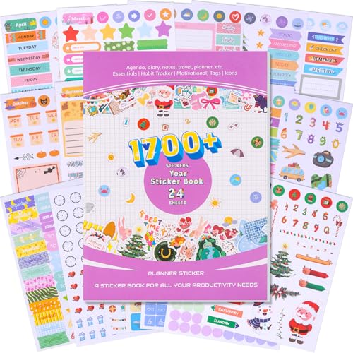 Huiguli 24 Blatt 1700+ Stück Bullet Journal Sticker - Monate und Feiertage Sticker für Kalender, Tagebuch, Monatsplaner, DIY Scrapbooking - Kinder Erwachsene Basteln Geschenke von Huiguli