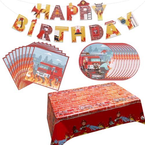 Huiguli Fireman Partygeschirr Set, Fireman Kindergeburtstag Geschirr Set mit Tischdecke Teller Servietten Banner, Feuerwehrmann Party Pappteller für 10 Gäste Jungen Mädchen Geburtstagsfeier Huiguli Fireman Partygeschirr Set, Fireman Kindergeburtstag Geschirr Set mit Tischdecke Teller Servietten Banner, Feuerwehrmann Party Pappteller für 10 Gäste Jungen Mädchen Geburtstagsfeier von Huiguli