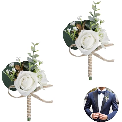 Huilimei Künstliche Herren-Rosen-Boutonniere, Knopfloch-Blumen mit Nadel und Clip, künstliche Hochzeitsblumen, Brautschmuck, Brautjungfer, weiße Ansteckblume für Hochzeit, Party, Abschlussball, Anzug, von Huilimei