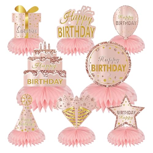 Geburtstagstischdekorationen für Frauen, 8 Stück, Roségold, Happy Birthday-Dekorationen, Papiertisch-Waben-Mittelstücke, rosa Party-Dekorationen für Frauen, Geburtstagsparty-Zubehör von Huipalon