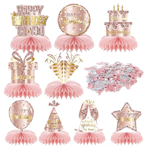 Geburtstagstischdekorationen und Konfetti-Set, 9-teilig, Roségold, Happy Birthday, Dekorationen mit Konfetti, Roségold, Tisch-Waben-Mittelstücke, rosa Party-Dekorationen für Frauen von Huipalon