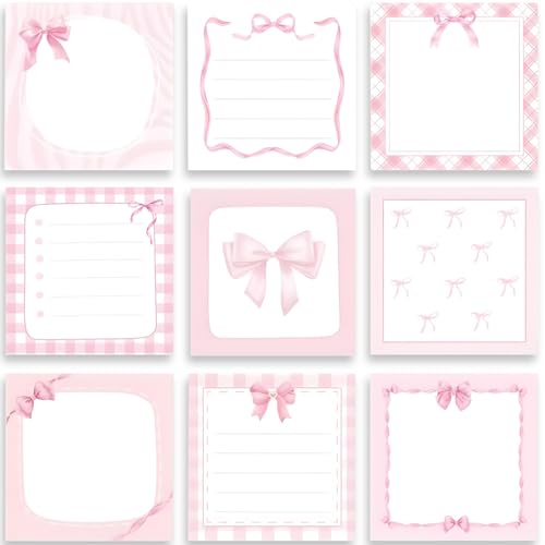 Haftnotizen mit rosa Schleife, 9 Stück, 450 Blatt, niedliche Schleife, 7,6 x 7,6 cm, selbstklebend, niedliche Haftnotizen für Schule, Büro, Mädchen, Schreibwaren von Huipalon