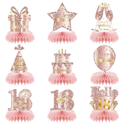 Tischdekorationen zum 18. Geburtstag für Mädchen, 9 Stück, 18. Roségold, Geburtstagsdekorationen, Wabenaufsätze für Mädchen, Tochter, Nichte, Enkelin, Schwester von Huipalon