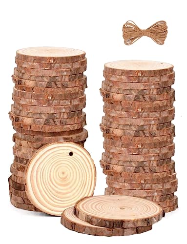 Huixinue Holzscheiben 54 Stücke Baumscheiben 7-8CM Durchmesser 0.5CM dick,Gebohrte Holz Log Scheiben,Runde Naturholz Holzscheibe, Holzscheiben zum Basteln für Hochzeitsdeko, Weihnachtsdeko. von Huixinue
