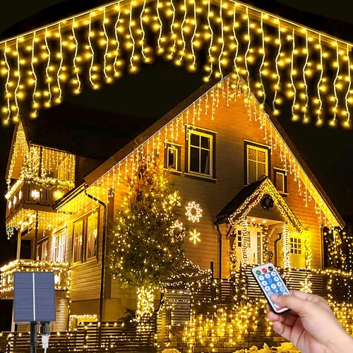 Hulaiyaa Solare Eiszapfen Lichter, 3M Solar Lichterkette Weihnachtsbeleuchtung mit Fernbedienung, 16 * 0.8M 128LEDs Wasserdicht Solar Lichterkette Deko für den Courtyard Garden Street Park von Hulaiyaa