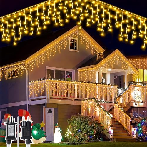 Hulaiyaa Wasserdicht LED Eisregen Lichterkette Außen 8M, 8 Modi Eiszapfen Vorhang Lichter mit Stecker, 288 LED Draußen Innen Eiszapfen Lichter Vorhang Aussen für Garten Balkon Weihnachten Hof von Hulaiyaa