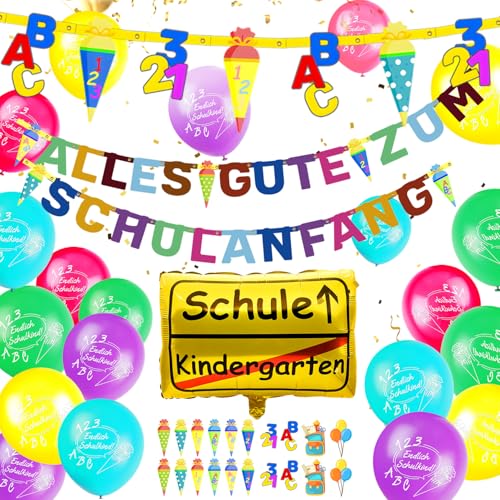 Humairc Einschulung Schulanfang Deko Alles Gute zum Schulanfang Girlande Schultüte Banner Luftballon Folienballon Konfetti Einschulungsfeier Dekoration von Humairc