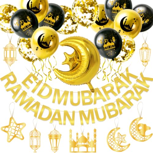 Humairc Ramadan Deko Eid Mubarak Banner Stern Mond FoilenBallon Ramadan Girland Mubarak Luftsballons Eid Mubarak dekoration für Ramadan Eid Party von Humairc