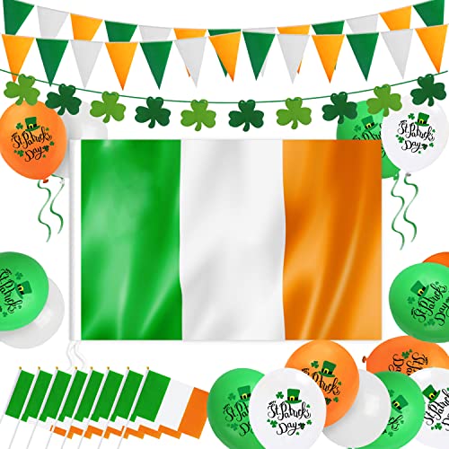 Humairc St. Patricks Day Dekorationen, XL Irische Flagge, 150 x 90 cm, irische Wimpelkette, 7 m, Kleeblatt-Girlande, 8 Stück, Handflagge, 15 Stück Luftballon für Haus, Schule, Bars, Partyzubehör von Humairc