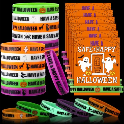 Humyoun 60 Stück/30 Sets Halloween leuchtende Silikon-Armbänder mit Sicherheitstipp-Karten, inklusive 30 "Have A Safe&Happy Halloween-Armband", 30 Grußkarten für Süßes oder Leckereien, Partygeschenke Humyoun 60 Stück/30 Sets Halloween leuchtende Silikon-Armbänder mit Sicherheitstipp-Karten, inklusive 30 "Have A Safe&Happy Halloween-Armband", 30 Grußkarten für Süßes oder Leckereien, Partygeschenke von Humyoun