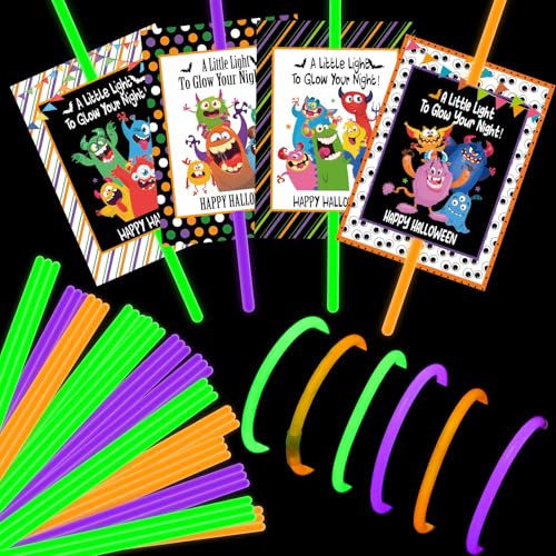 Humyoun 96 Stück Halloween Monster Triple Glow Armbänder mit Karten Geschenk enthalten 24 Stück A Little to Glow Your Light für Halloween Nacht Geschenkanhänger 182.9 cm the Dark Sticks für Schule von Humyoun