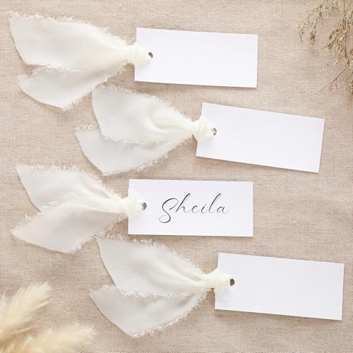 Humyoun Tischkarten mit Namensschild, blanko, Hochzeits-Tischkarten mit Chiffonband, 4,9 x 8,9 cm, hängende Geschenkanhänger für Hochzeit, Abendessen, Bankett, Party, Tischdekoration, Elfenbein, 50 von Humyoun