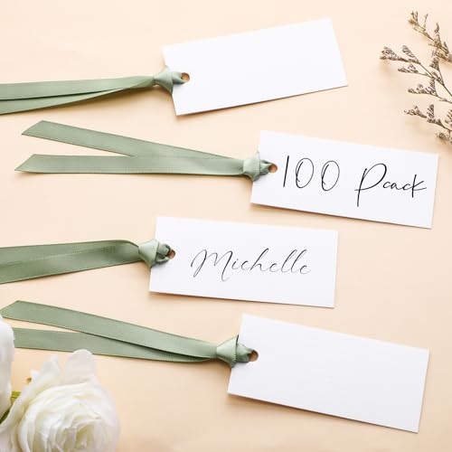 Humyoun Tischkarten mit Namensschild, blanko, Hochzeits-Tischkarten mit Satinband, 4,9 x 8,9 cm, hängende Geschenkanhänger für Hochzeit, Abendessen, Bankett, Party, Salbeigrün, 100 Stück Humyoun Tischkarten mit Namensschild, blanko, Hochzeits-Tischkarten mit Satinband, 4,9 x 8,9 cm, hängende Geschenkanhänger für Hochzeit, Abendessen, Bankett, Party, Salbeigrün, 100 Stück von Humyoun