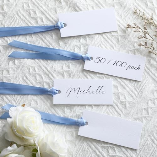 Humyoun Tischkarten mit Namensschild, blanko, Hochzeits-Tischkarten mit Satinband, 4,9 x 8,9 cm, hängende Geschenkanhänger für Hochzeit, Abendessen, Bankett, Party, Tischdekoration, Blau, 100 Stück Humyoun Tischkarten mit Namensschild, blanko, Hochzeits-Tischkarten mit Satinband, 4,9 x 8,9 cm, hängende Geschenkanhänger für Hochzeit, Abendessen, Bankett, Party, Tischdekoration, Blau, 100 Stück von Humyoun