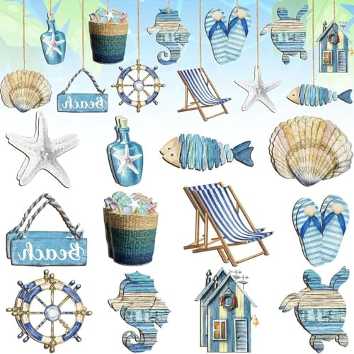 24 Stück Ozean-Strand-Holzornamente, Holzdekorationen Für Maritime Deko Hawaii Party Deko Fischernetz Deko Natürliche Holz-Hängedeko für Mini-Fischernetz, Wanddekorationen fischernetz (Ozean) von Hundredweat