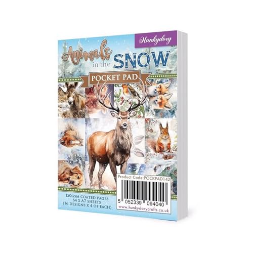 Hunkydory Animals in the Snow Taschenblock - 64-seitiger A7-Notizblock, 150 g/m², Seiden-Finish, bedruckt (16 Designs, je 4 Stück) von Hunkydory