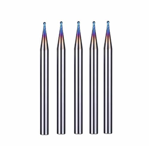 Hunricho 5pcs HRC65 Wolfram Stahl Kugelnase 2 Flöten Hartmetall End Mills mit Nanco Blau Beschichtung CNC Bits für Holz Kunststoff Stahl Schnitt 3D Carving Gravur (Tip Φ1mm) von Hunricho