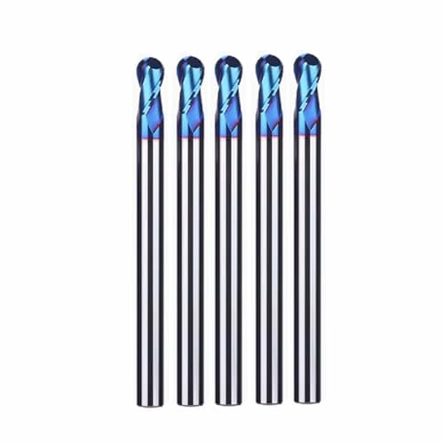 Hunricho 5pcs HRC65 Wolfram Stahl Kugelnase 2 Flöten Hartmetall End Mills mit Nanco Blau Beschichtung CNC Bits für Holz Kunststoff Stahl Schnitt 3D Carving Gravur (Tip Φ4mm) von Hunricho
