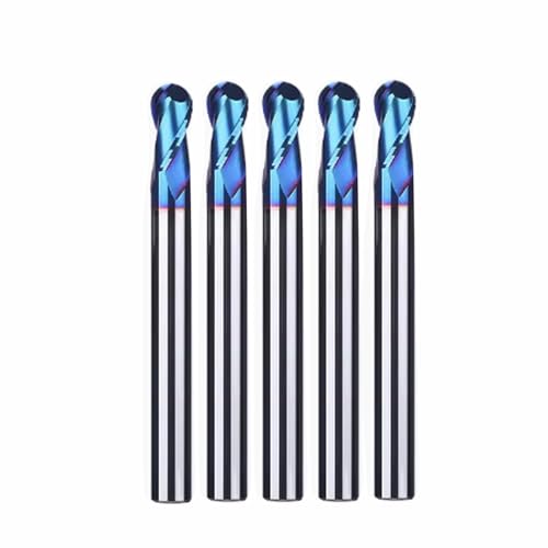 Hunricho 5pcs HRC65 Wolfram Stahl Kugelnase 2 Flöten Hartmetall End Mills mit Nanco Blau Beschichtung CNC Bits für Holz Kunststoff Stahl Schnitt 3D Carving Gravur (Tip Φ5mm) von Hunricho