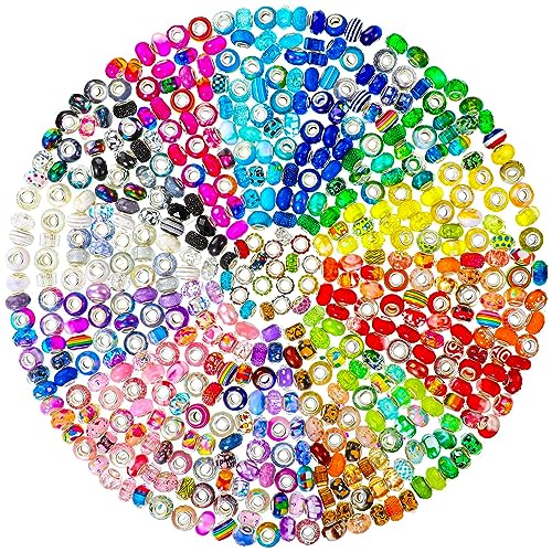 Huquary 500 Stück Regenbogen-Glasperlen mit großem Loch für die Schmuckherstellung, europäische Großlochperlen, Abstandshalter, Perlen, Strass, Bastelperlen für DIY-Charms, Halsketten, Armbänder, von Huquary