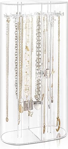 Huquter Schmuckständer Organizer, Acryl-Halskettenständer mit 24 Haken, staubdichte Rotation Halskettenhalter, lange Halsketten Anhänger Armbänder Display Ständer für Kommode Badezimmer Waschtisch von Huquter