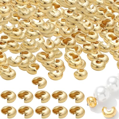 150pcs Crimp-Perlen, 14K Goldverpackte halbe runde offene 4-mm-Metallknotenabdeckungskappen für DIY-Schmuckzubehör machen Accessoire von Huraoerrrr