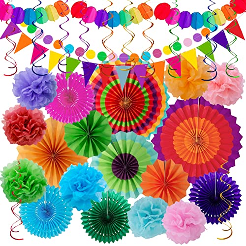 Huryfox Bunte Party Deko für Gartenpartys, Geburtstage und Karneval - 33 Stück mit hängenden Papier Lüfter, Regenbogen Pompons, Tissue Bänder und Wimpelketten Girlande für Feste, Hochzeiten & mehr von Huryfox