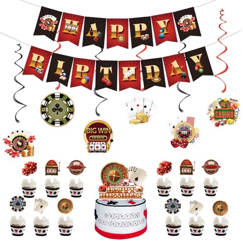 Casino Thema Geburtstag Party Dekorationen Set, Happy Birthday Banner Cake Topper Cupcake Wrapper Hängende Wirbel 12 Cupcake Topper Casino Thema Geburtstag Party Dekorationen Set, Happy Birthday Banner Cake Topper Cupcake Wrapper Hängende Wirbel 12 Cupcake Topper von Husdeco