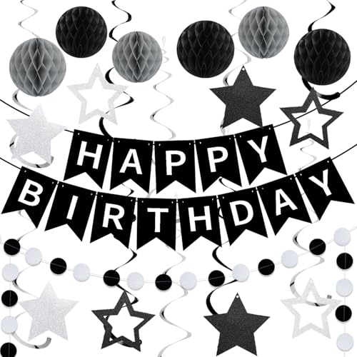 Geburtstag Party Dekorationen Set, Schwarz und Silber Thema, Happy Birthday Banner mit Sternen, Wabenbällen und hängenden Wirbeln von Husdeco