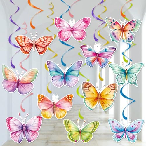 Schmetterlingsparty-Dekorationen, 24 Stück Aquarell-Schmetterlings-Ausschnitte mit hängenden Wirbel, Regenbogen-Luftschlangen für Geburtstagsdekoration Schmetterlingsparty-Dekorationen, 24 Stück Aquarell-Schmetterlings-Ausschnitte mit hängenden Wirbel, Regenbogen-Luftschlangen für Geburtstagsdekoration von Husdeco